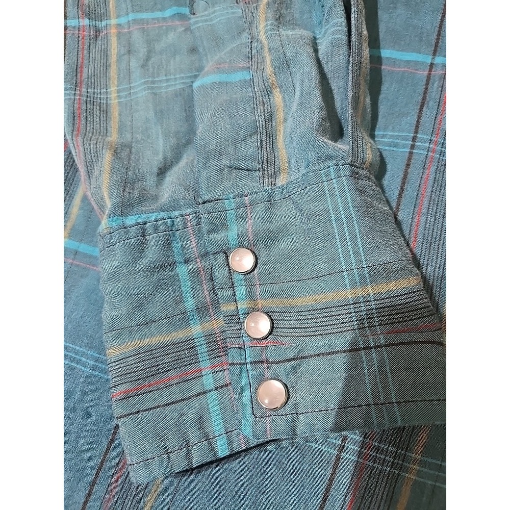 Wrangler Western Shirt Teal Plaid Long Sleeve Pearl Snap Cowboy Rancher XL - Picture 4 of 9